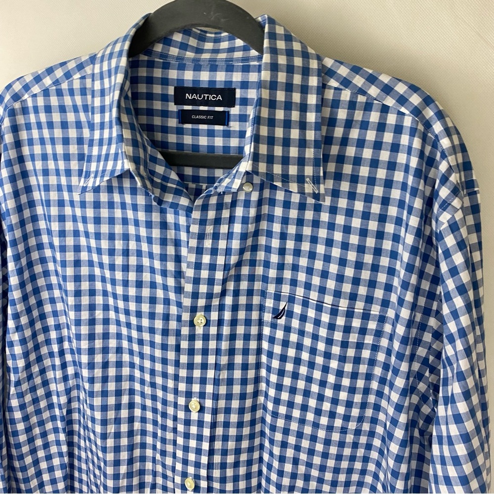 Nautica men’s Blue and White Gingham Casual dress button down classic fit Shirt - Picture 4 of 6